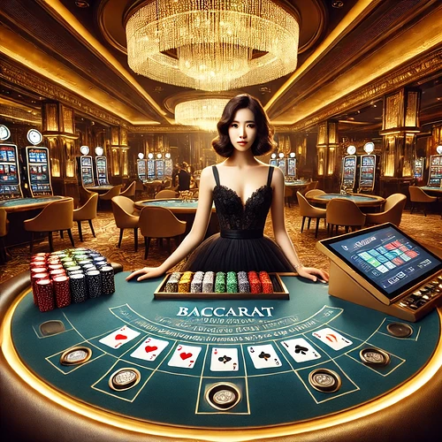 DALL·E-2025-02-04-15.51.54-A-luxurious-baccarat-casino-setting-with-an-elegant-female-dealer-wearing-a-black-evening-gown.-The-high-end-table-is-filled-with-poker-chips-playing